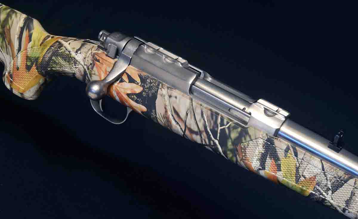 Most shooters use low-powered scopes on their carbines, but Terry prefers using barrel-mounted open sights, or better yet, a receiver sight mounted in the action’s integral dovetails.